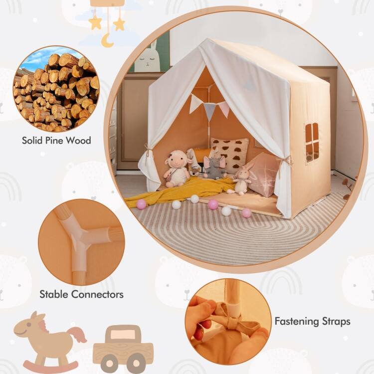 Kid's Play Tent with Washable Cotton Mat and Flag Banner - 52" x 36" x 51.5" (L x W x H)