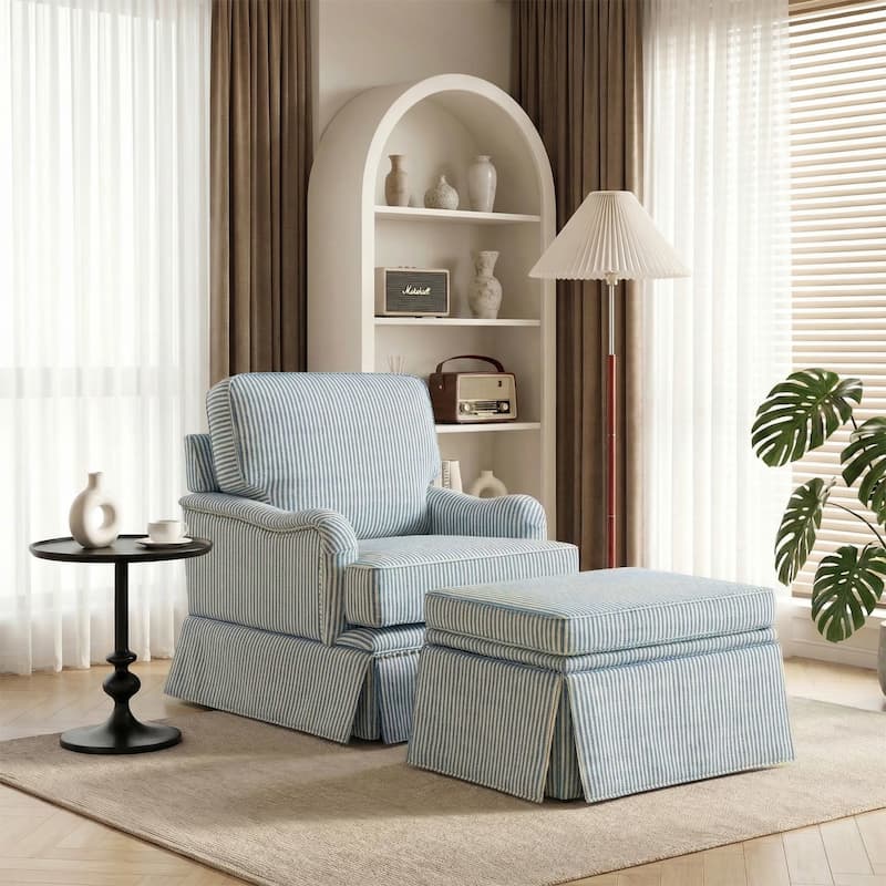 Skirted Swivel Accent Nailhead Barrel Chair With Storage Ottoman Set