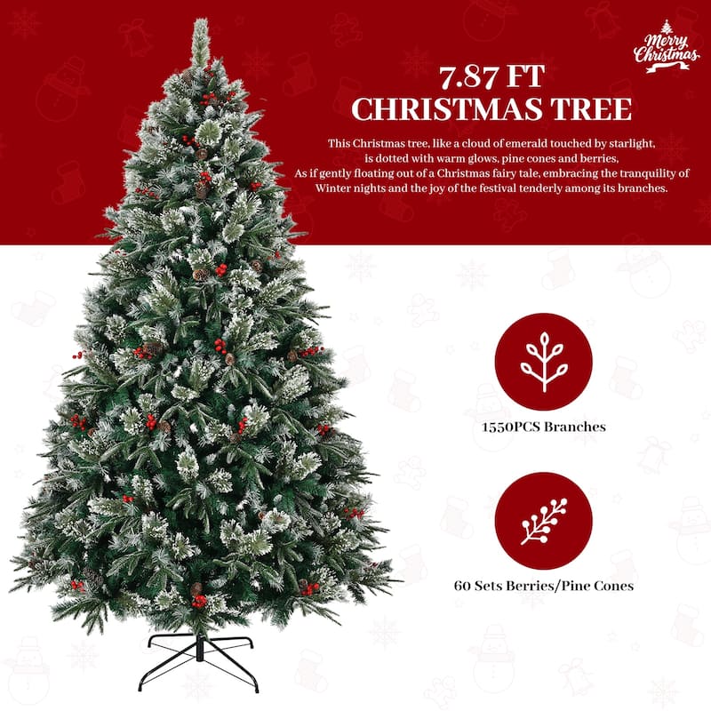 8ft Snow Frosted Artificial Christmas Tree with 1550 Tips, Pinecones, Berries and Metal Stand