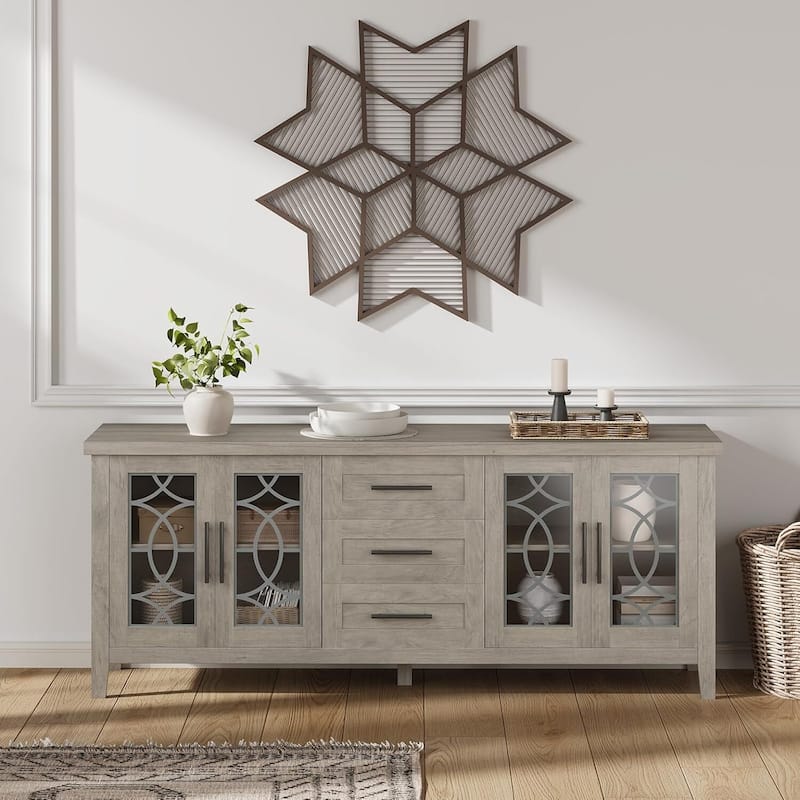 Mid Century TV Stand for 70 Inch, Entertainment Center with Glass Door - Grey