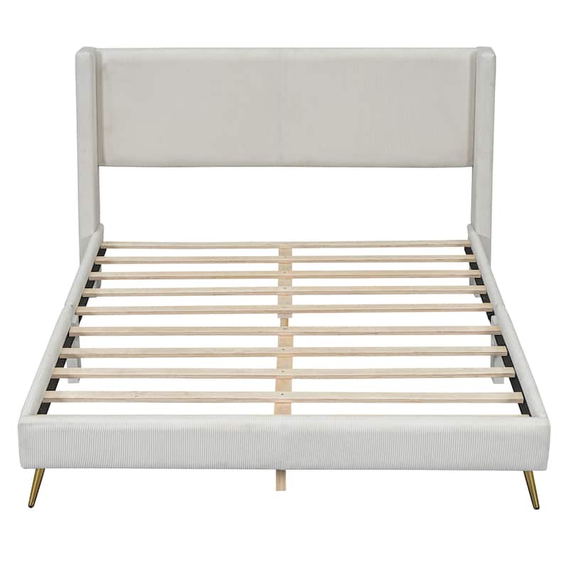 Queen Size Corduroy Platform Bed with Metal Legs and Wood Frame