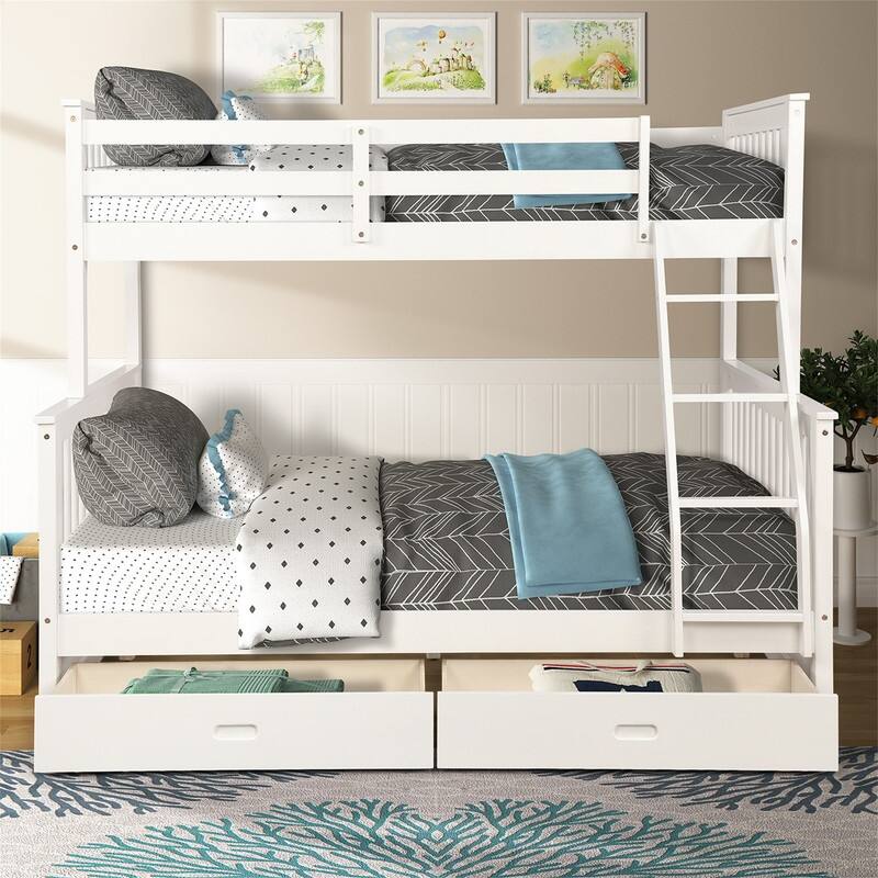 Wood Twin Over Full Bunk Bed with Ladders and 2 Storage Drawers,White ...