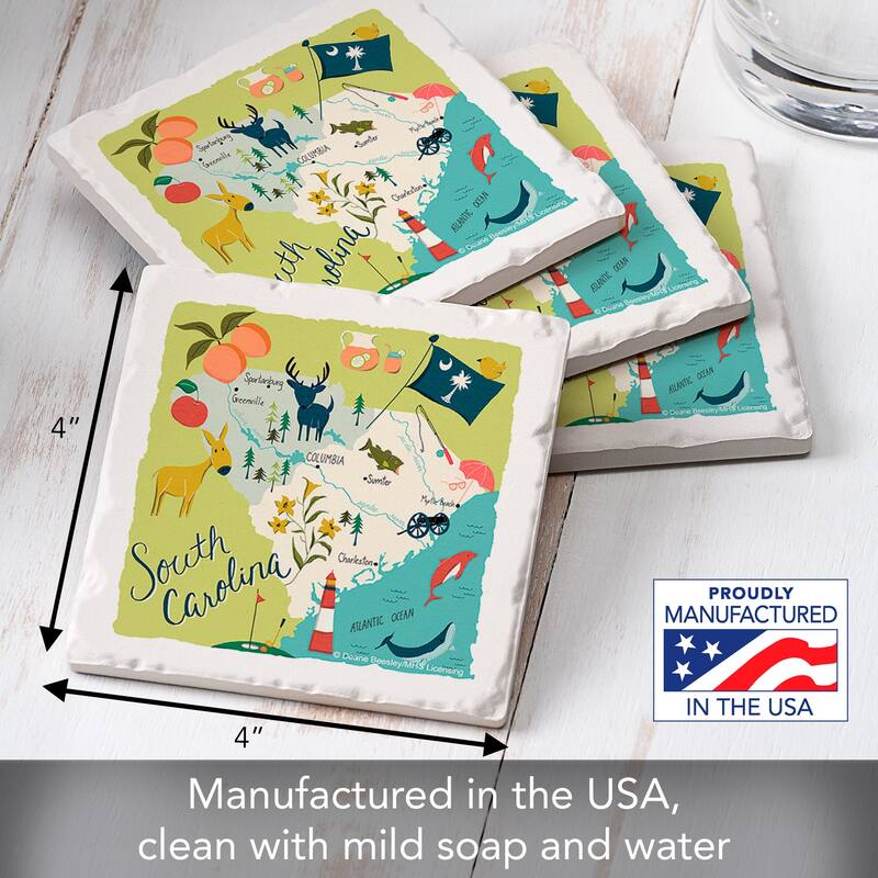 South Carolina 4-Pack Absorbent Stone Coasters with Protective Cork Backing 4" Square Made in The USA Easily Wipes Clean