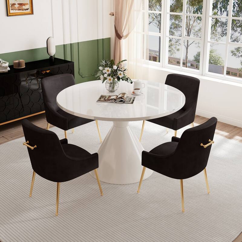 48" Light Luxury White High Gloss Large Countertop Dining Table with Velvet Dining Chair Set
