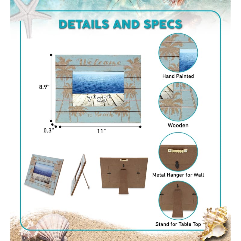 CoTa Global Aqua Blue Distressed Wood Palm 7X5 Photo Frame - 11 inches