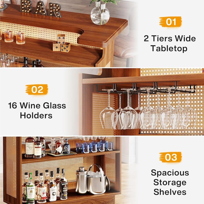 Rattan Home Bar Unit, 4-Tier Bar Table with 4 Stemware Racks and Heightened Base, Liquor Wine Bar Cabinet