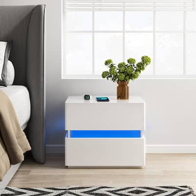Modern 2-Drawer Nightstand Storage Bedside Table with Sensor Light, Wireless Charging