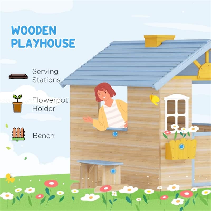Natural Wood Kids Outdoor Playhouse with Bench Service Station and Flowerpot Holders for Backyard Fun Ages 3 to 7