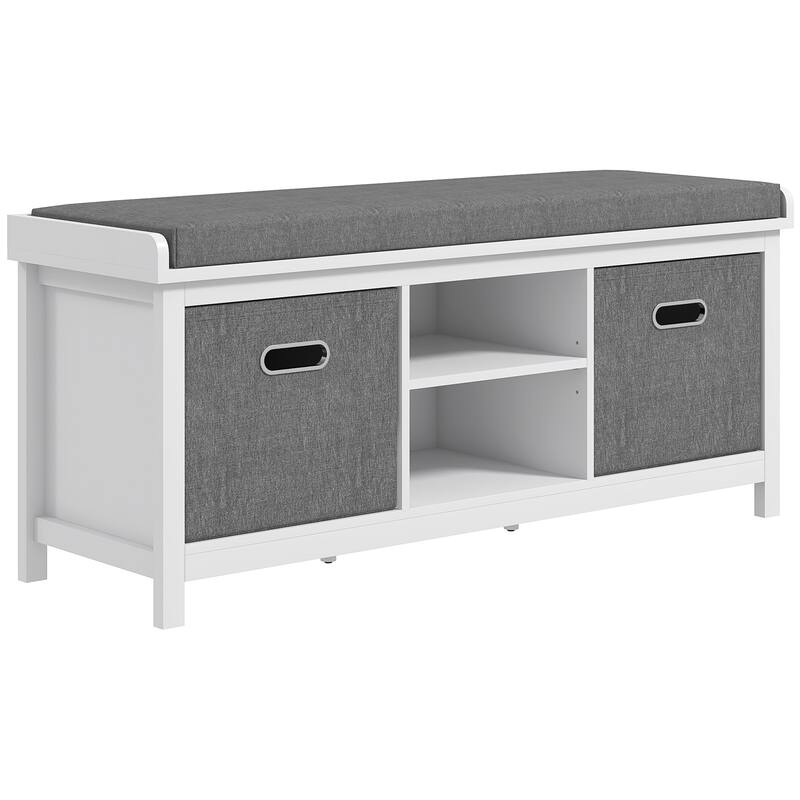 Upholstered Seat Storage Bench with Adjustable Shelves, White Gray Shoe Bench Entry Footrest Bench with Fabric Drawer