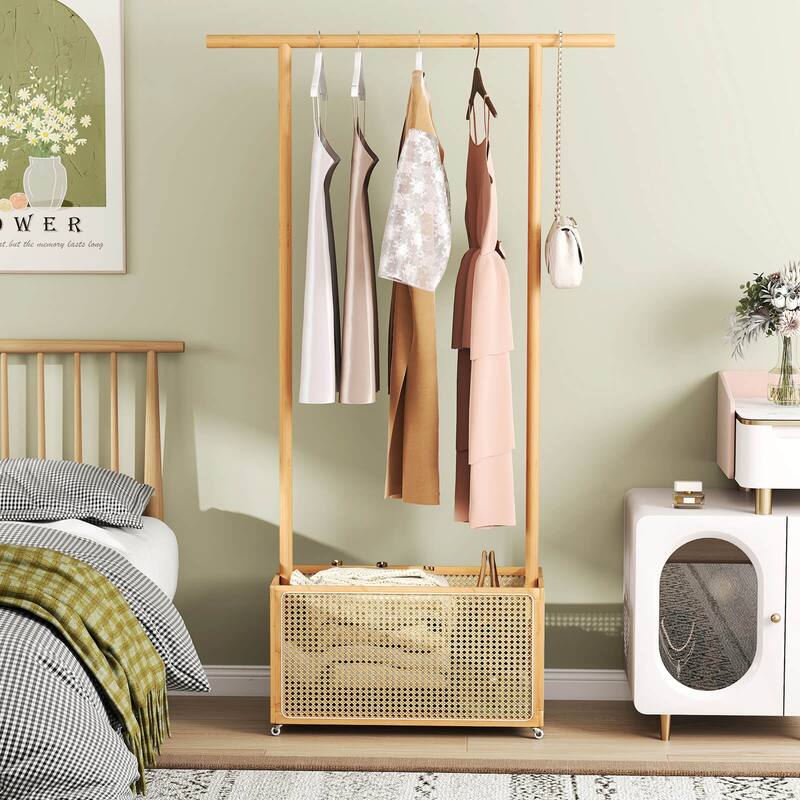 Costway Bamboo Clothes Rack with Rattan Storage Basket & Wheels, - See Details