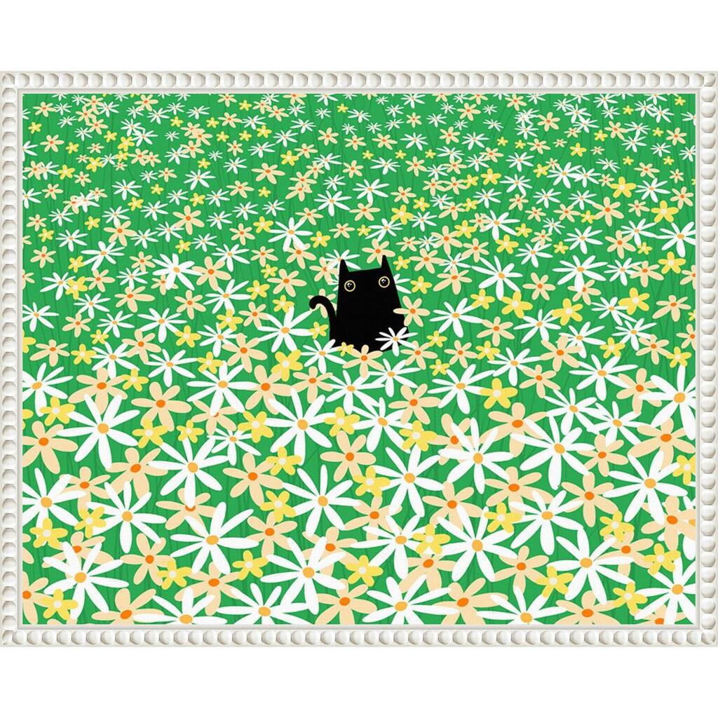 Black Cat in Flower Field by Gabriela Avila Framed Canvas Wall Art Print