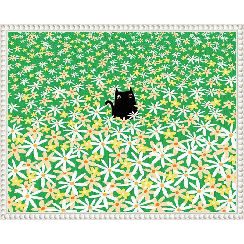 Black Cat in Flower Field by Gabriela Avila Framed Canvas Wall Art Print