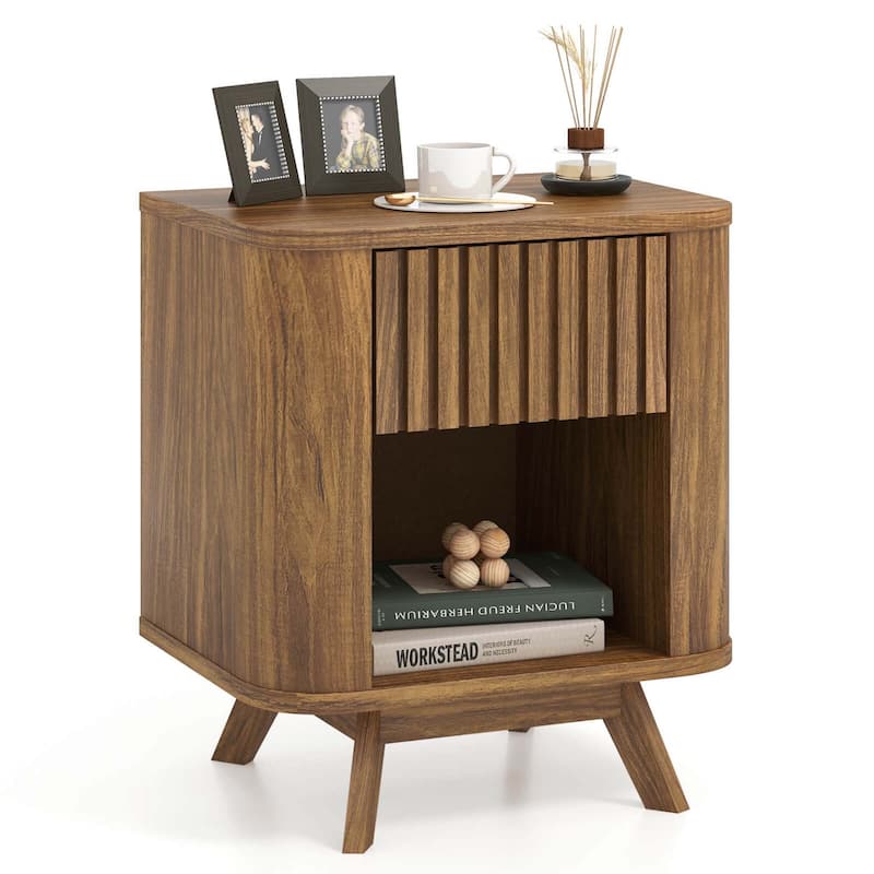Costway 1/2 PCS Wood Nightstand with Drawer & Open Shelf Storage Home - 1-drawer