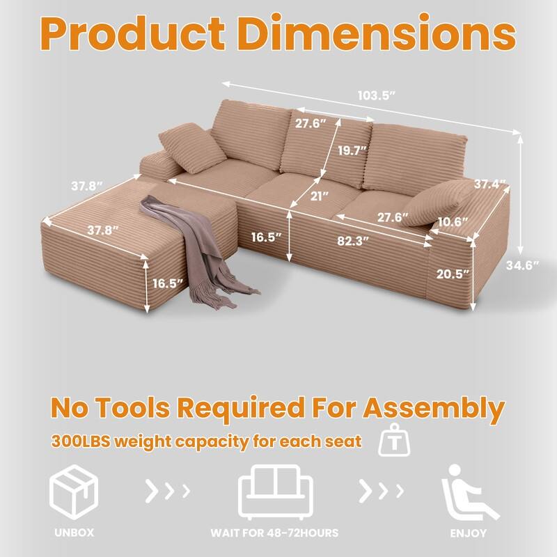 103.5" Cloud Sectional Couch with L-Shape Chaise,Modern Modular Sofa with Deep Seat, No Assembly Required