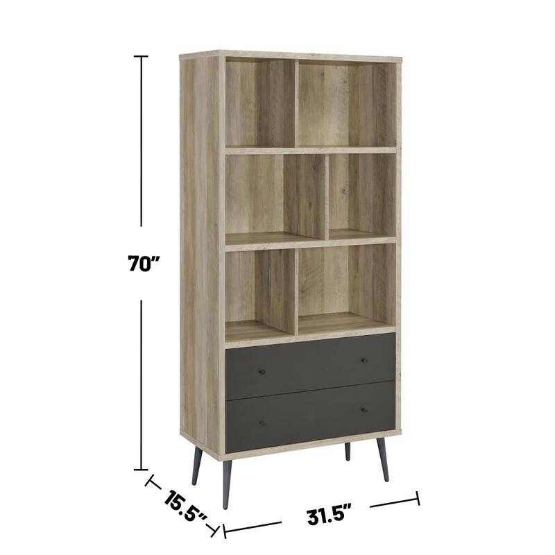 With 2 Drawers and 3 Shelves Wood Bookcase in Antique Pine and Grey