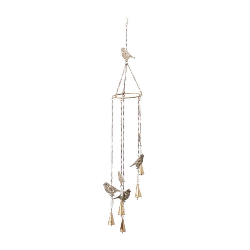 Metal Bird Handmade Embellished Indoor Outdoor Windchime with Glass Beads and Cone Bells - Gold - Roche River Decor