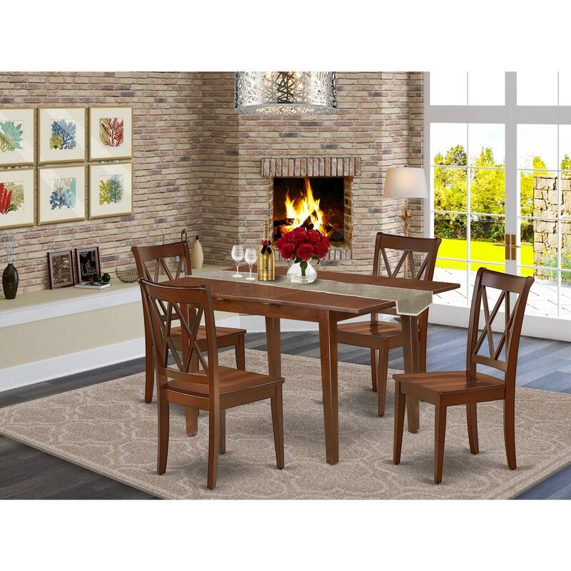 HomeStock 5-Piece Rectangle Mahogany Finish Solid Wood Top Dining Table with 4 Chairs with Cross Back