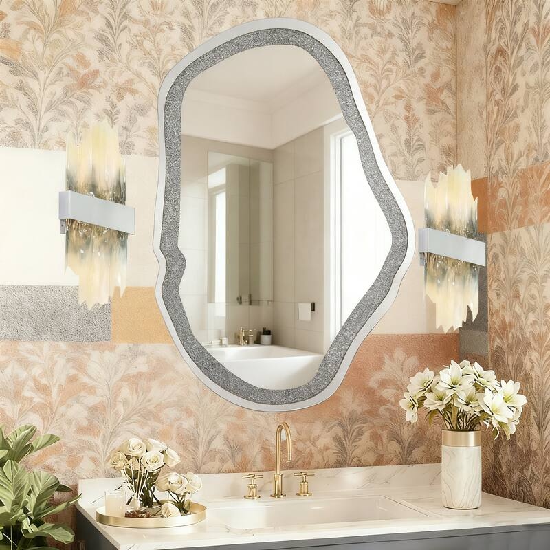 Mireve Modern Irregular Crystal Diamond Accent Wall Mirror Decorative Bathroom Mirror - 47.4'' H X 31.9" W x 0.6" D