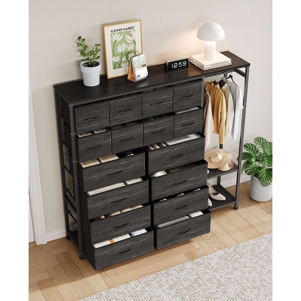 modern dresser with clothes rack 16 Drawers Dresser with Clothes Rack, Fabric Storage Tower Drawers Organizer Unit