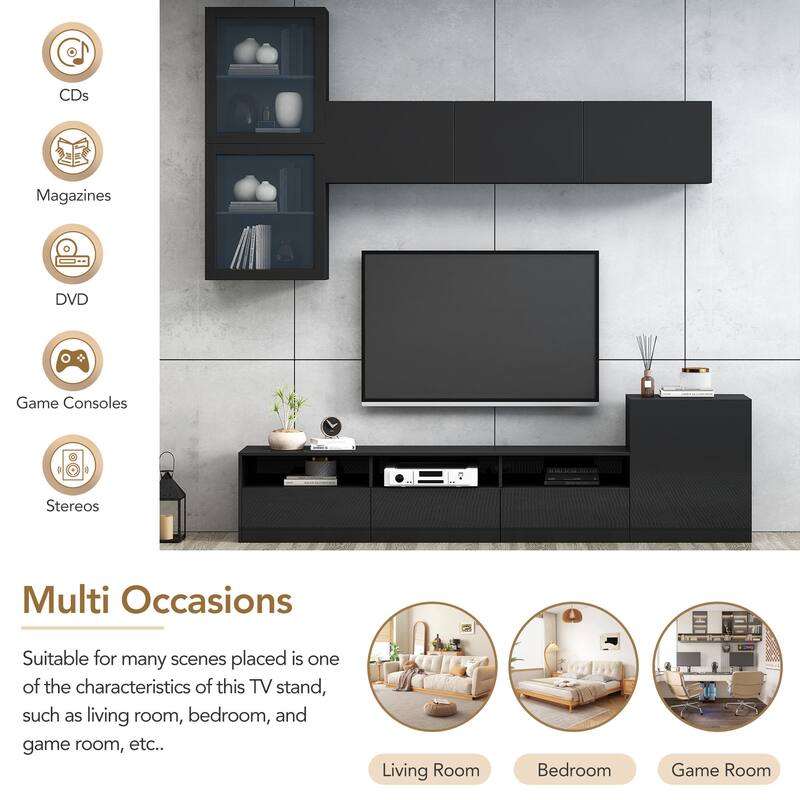 High Gloss TV Stand for TVs Up to 78", Wood Media Console Entertainment Center with Wall Mounted Floating Storage Cabinets