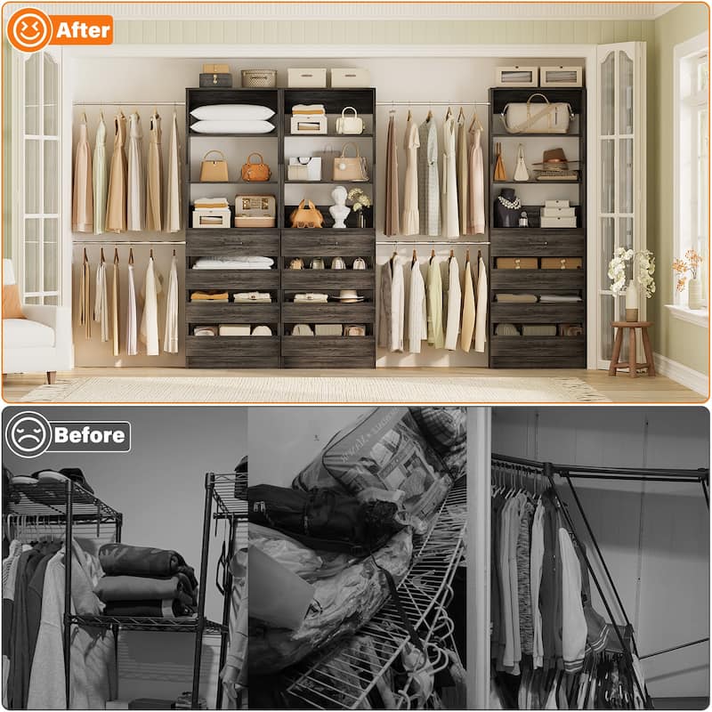 140'' Walk-in Closet Organizer System with 12 Drawers ＆ 4 Hanging Rods, 8.5-11.5FT Wooden Wardrobe Clothes Rack with 3 Towers