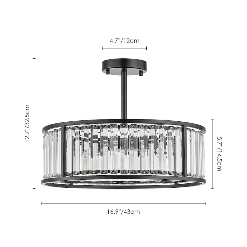 4-Light Mid-Century Modern Black Drum Crystal Semi-Flush Mount Light - 16.9 in. W x 5.7 in. H