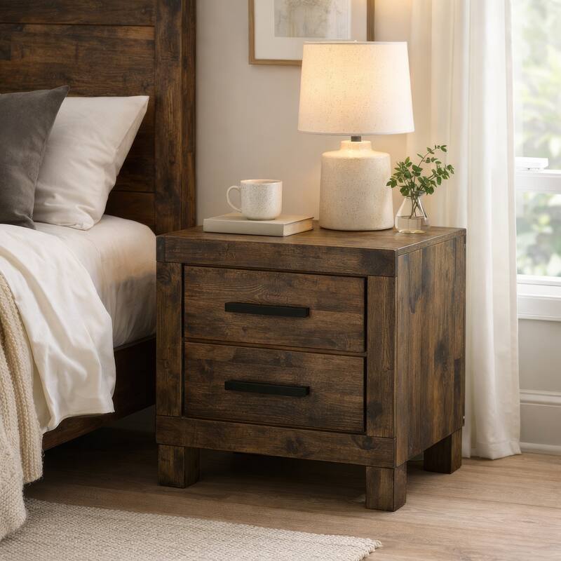 Wooden Nightstand with 2 Drawers and Grain Details, Brown