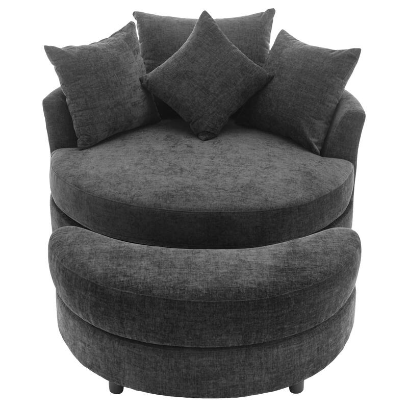 Roomfitters Modern 360° Swivel Barrel Chair with Hidden Storage Ottoman, Chenille Upholstery and Four Pillows