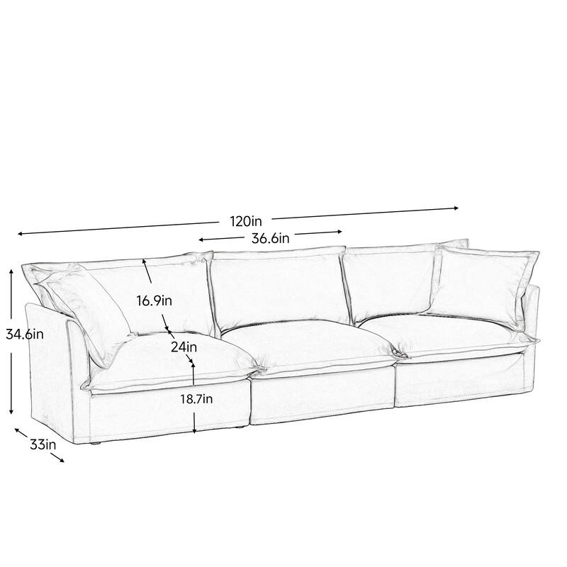 Modern 3 Seater Upholstered Sofa with 1 Ottoman and 2 Pillows