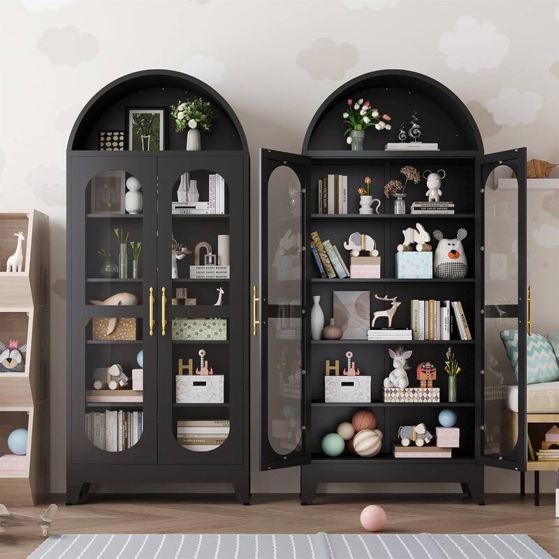 73"H Metal Tall Arched Kitchen Pantry Storage Cabinet with Glass Door