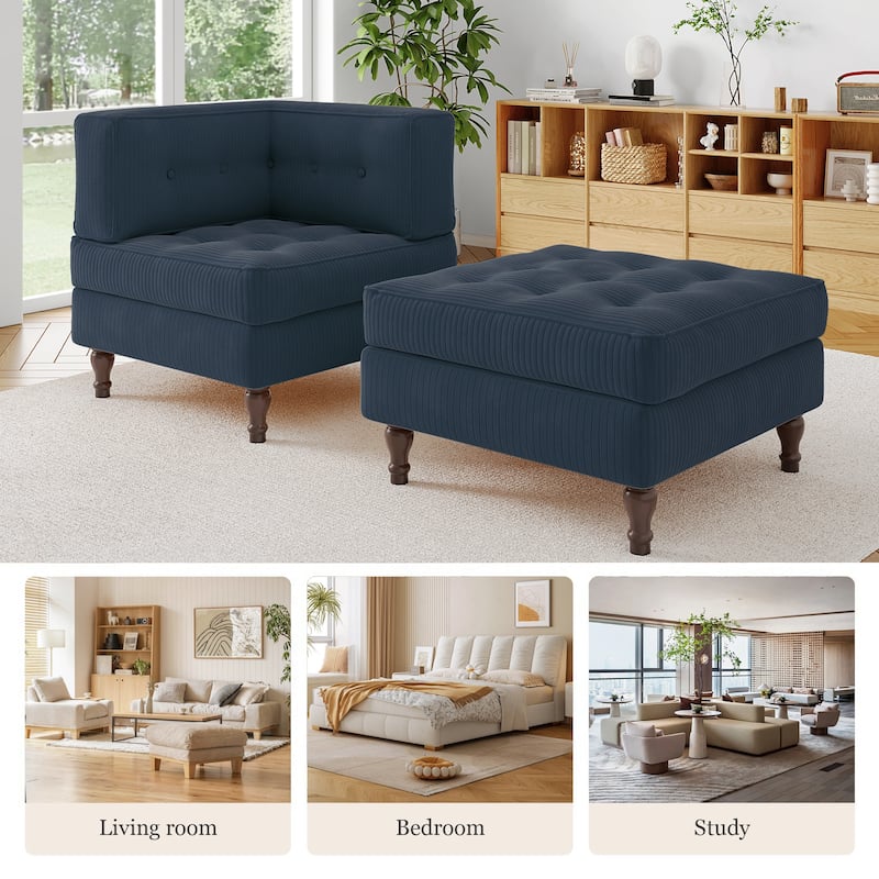 Corduroy L-shape Modular Corner Sectional Sofa with Reversible Storage Ottoman