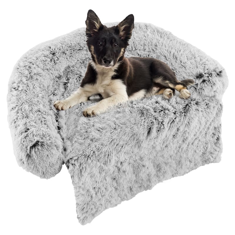 White-Grey Plush Calming Dog Couch Bed with Anti-Slip Bottom