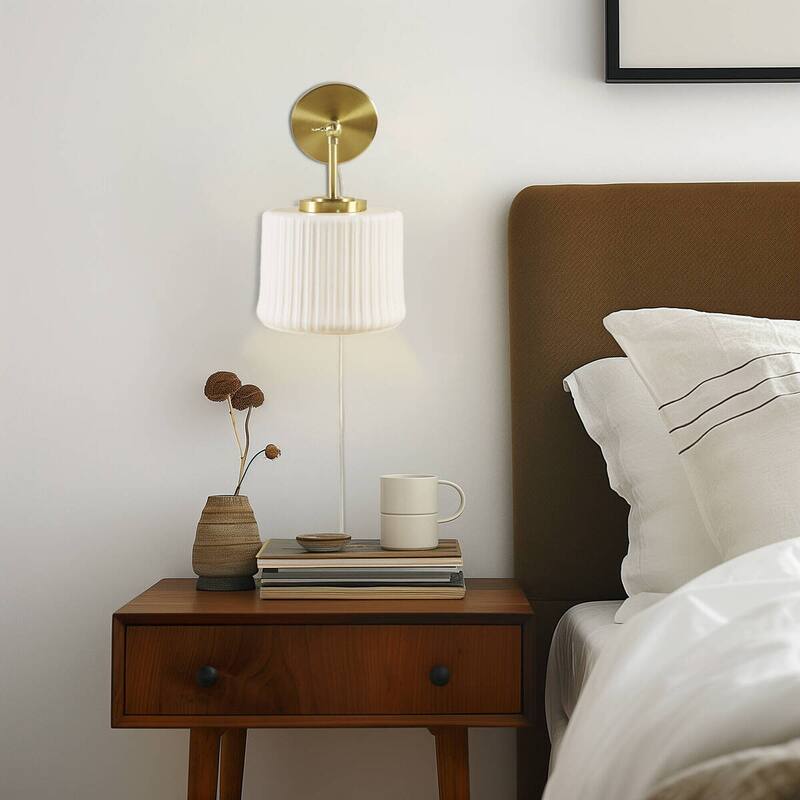 White Ceramic Wall Sconce with Adjustable Swing Arm Gold/White