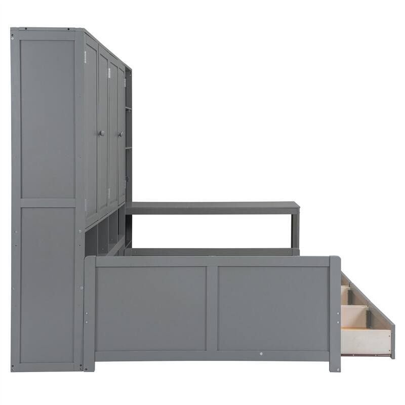 Twin/Full Size Daybed with All-in-One Cabinet and 3 Drawers, Wooden Daybed Frame Sofa Bed with Desk and Storage Shelves
