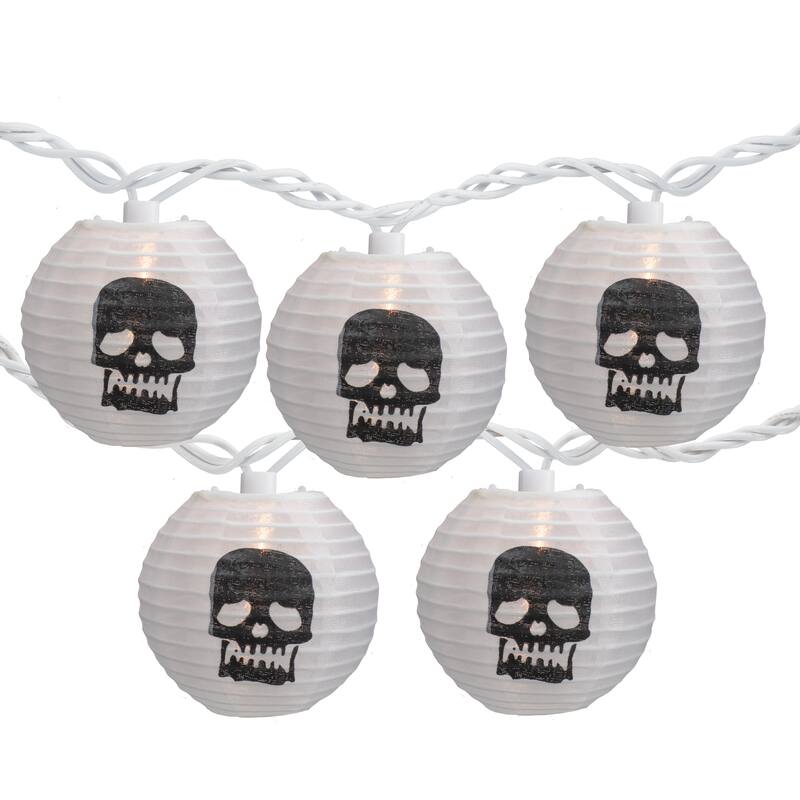 10ct White Black Skull Paper Lantern Halloween Lights 8.5ft White Wire