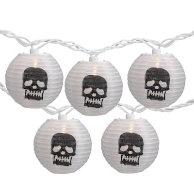 10ct White Black Skull Paper Lantern Halloween Lights 8.5ft White Wire