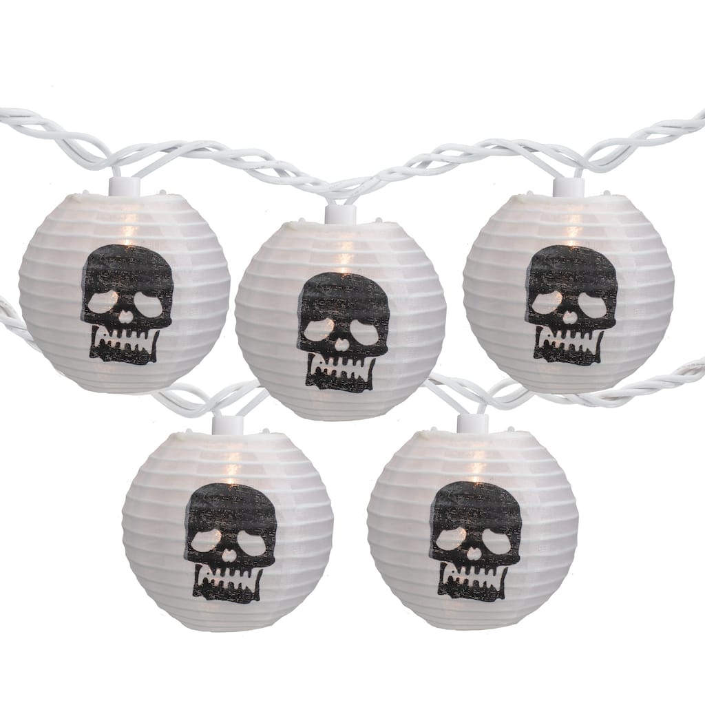 10ct White Black Skull Paper Lantern Halloween Lights 8.5ft White Wire