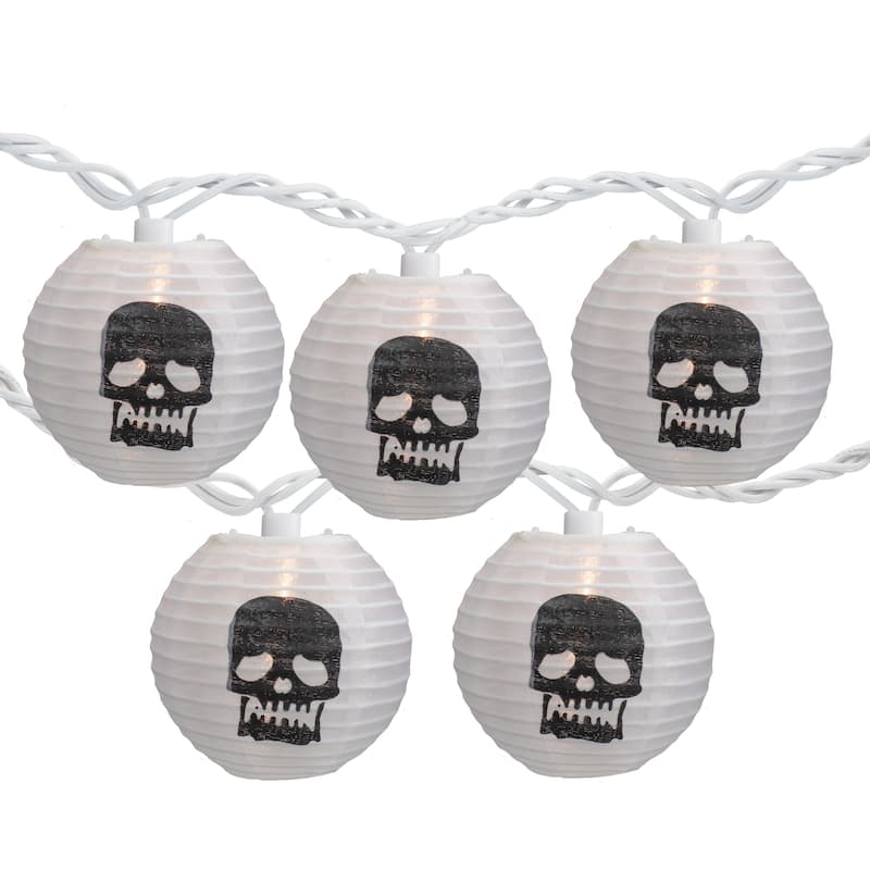 10-Count White and Black Skull Paper Lantern Halloween Lights 8.5ft White Wire