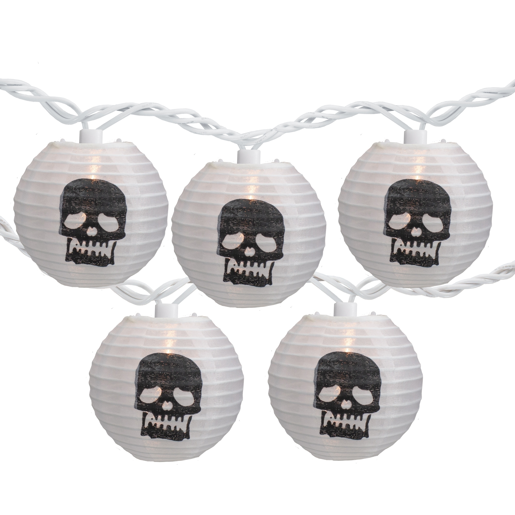 10-Count White and Black Skull Paper Lantern Halloween Lights 8.5ft White Wire