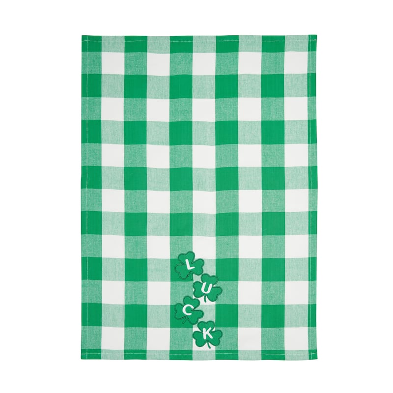 St. Patrick's Day Four Clover "Luck" Plaid Check Cotton Kitchen Dishtowel