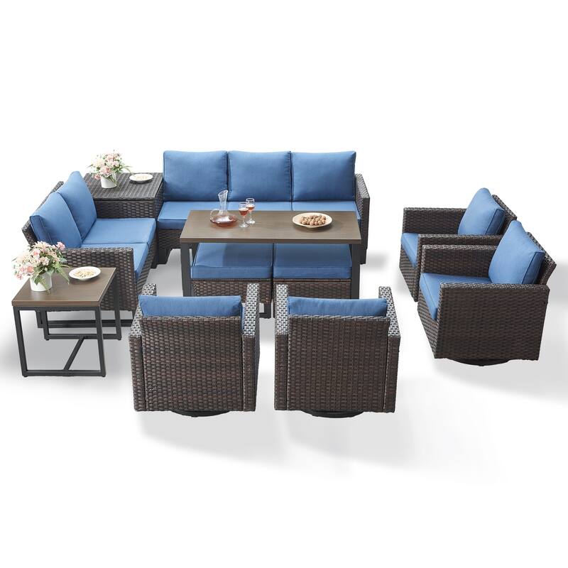 Gymojoy 9 Person Outdoor Courtyard Wicker Family Conversation Set Group With Swivel Chairs And Storage