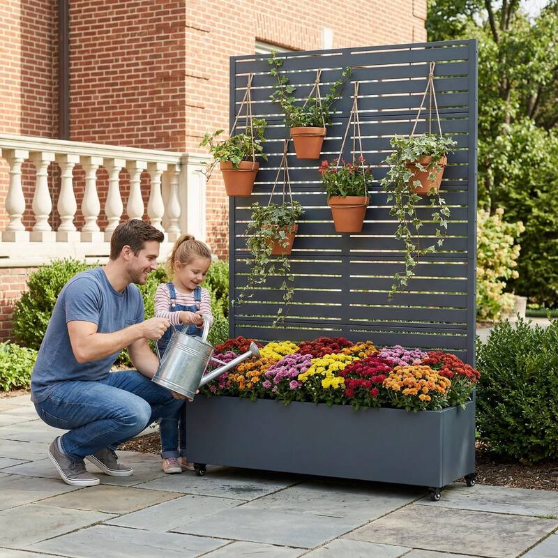 Raised Garden Bed Planter with Trellis Movable Planter Box with Lockable Wheels