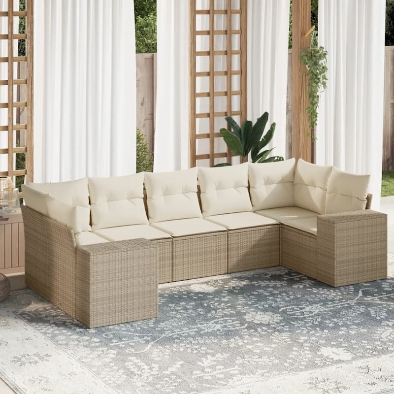 vidaXL Patio Sofa Set with Cushions Outdoor Furniture 7 Piece Poly Rattan - 24.4 x 32.7 x 27.2 in - Beige and cream