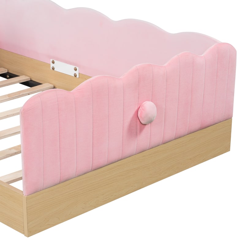 Twin Size Upholstered Bed with Bunny Ear Shape Pillows and Rabbit Tail Footboard, Storage Bags, Wave Frame Platform Bed