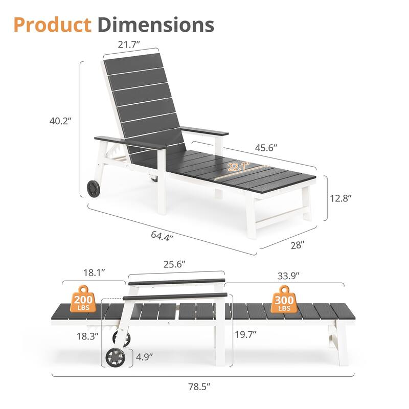 Patio HDPE Backrest Set of 4 Chaise Lounge Chair with Aluminum Frame, Adjustable Backrest and Wheels