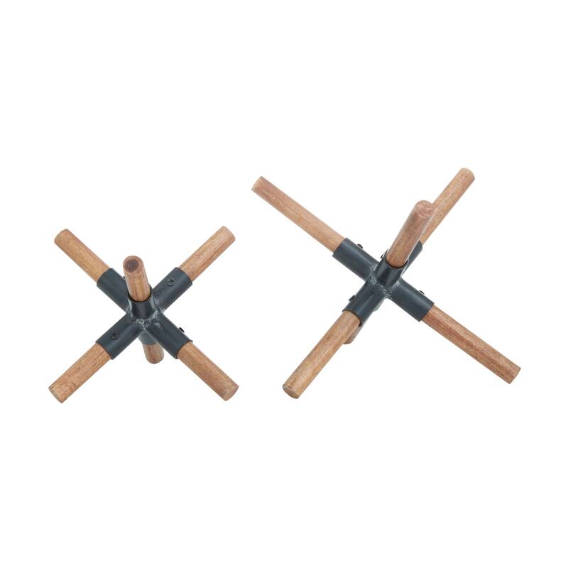 Brown Wood Jack Decorative Sculpture with Black Metal Centers (Set of 2) - 8 x 7 x 6 and 6 x 5 x 4