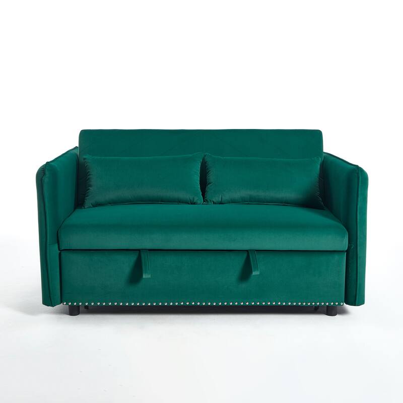 55" Velvet Convertible 3-in-1 Sleeper Sofa Bed with Reclining Backrest, Side Pockets, and 2 Pillows