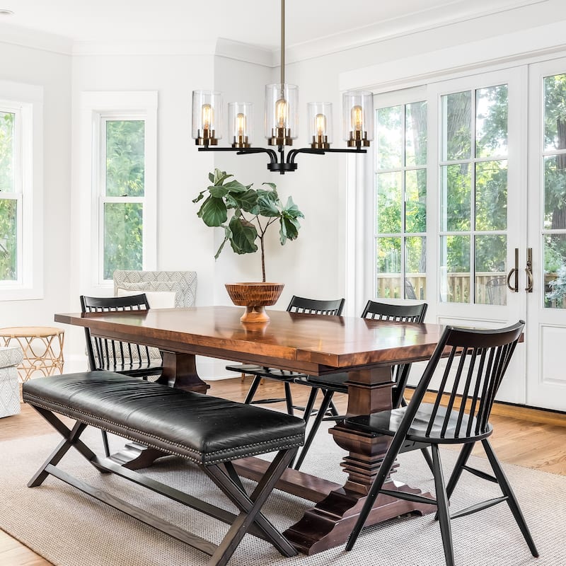 Modern 5-Light Black Gold Wheel Chandelier Cylindrical Seeded Glass Pendant Lights for Dining Room