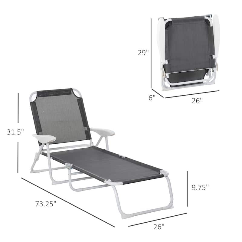 Folding Chaise Lounge, Outdoor Sun Tanning Chair, 4-Position Reclining Back, Armrests