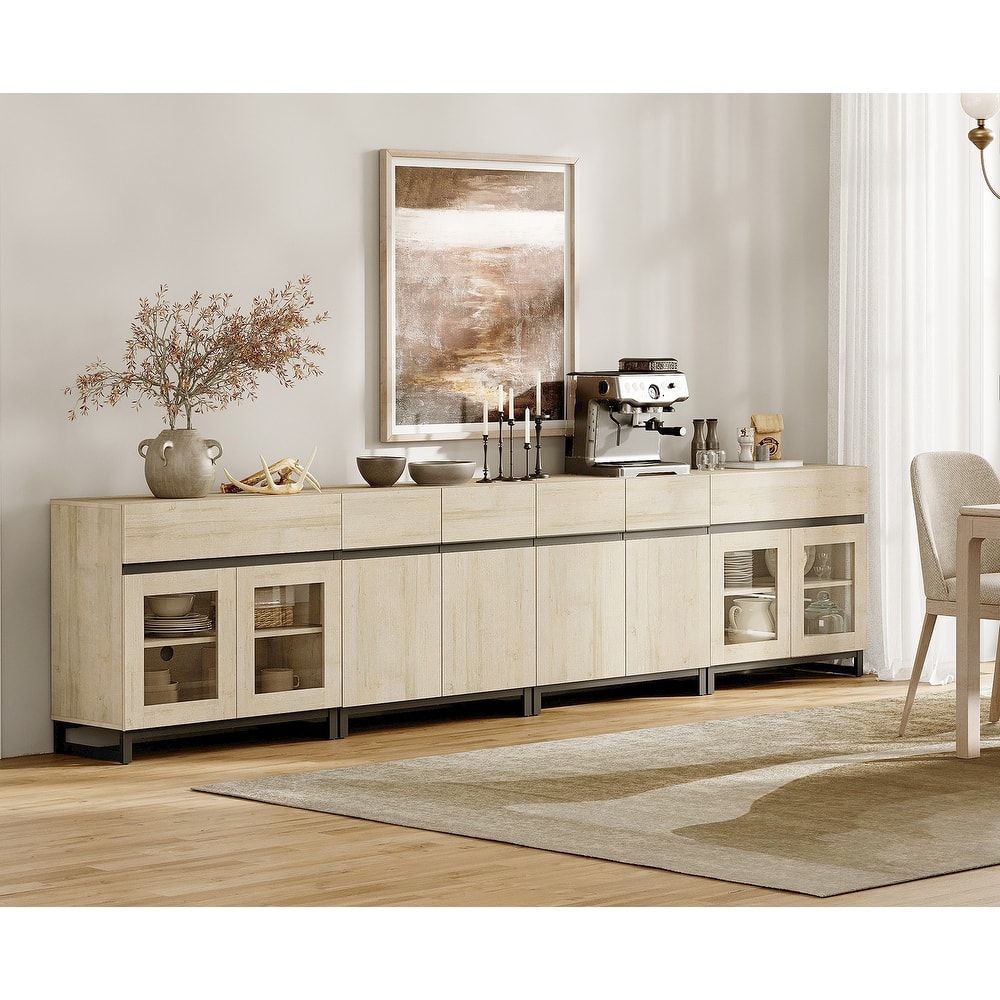 4 in 1 Sideboard Buffet Cabinet with 2 Glass Doors & Drawers, Adjustable Shelf, Metal Base for Living Room, Kitchen